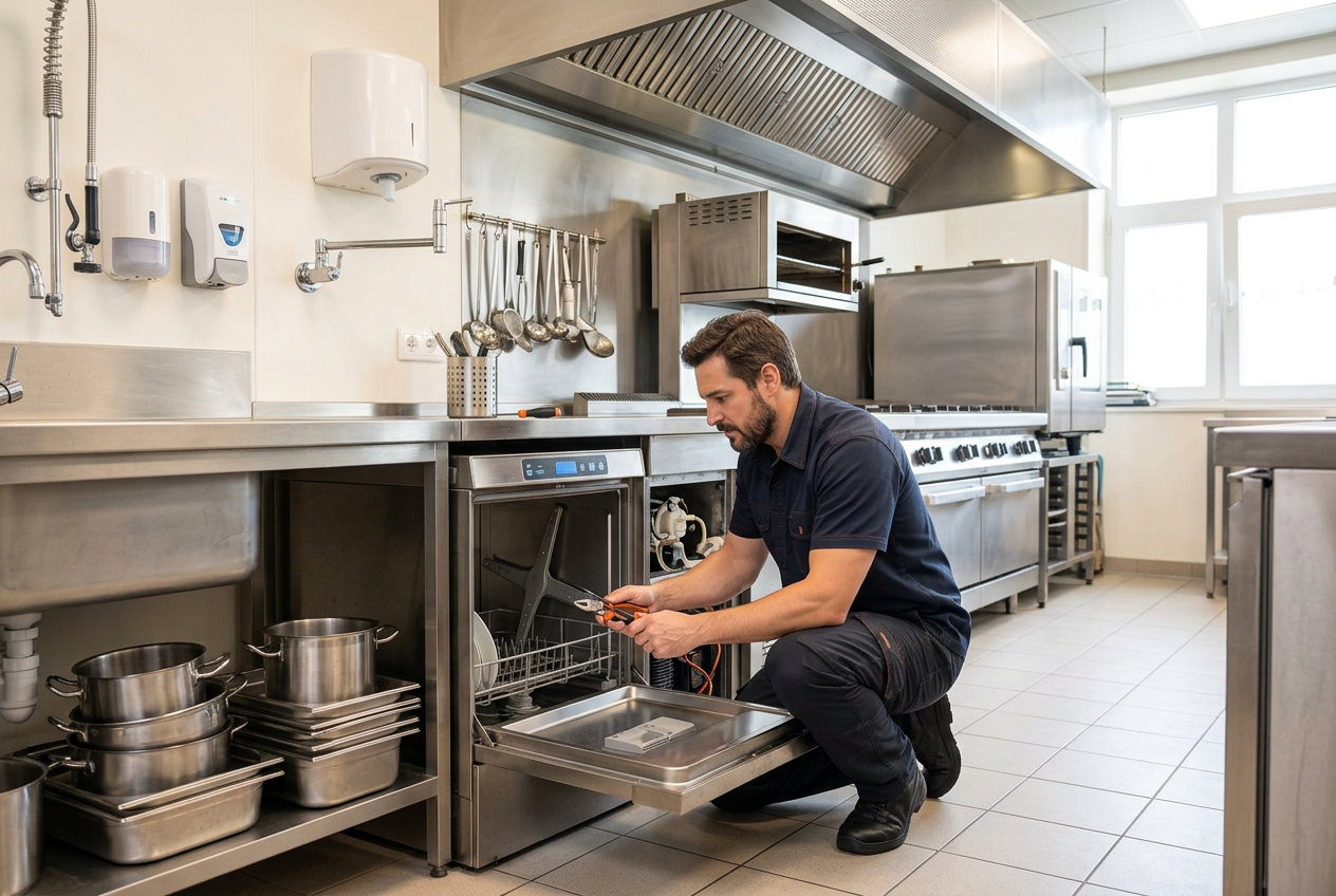 Technician repairing a commercial dishwasher in a bright restaurant kitchen